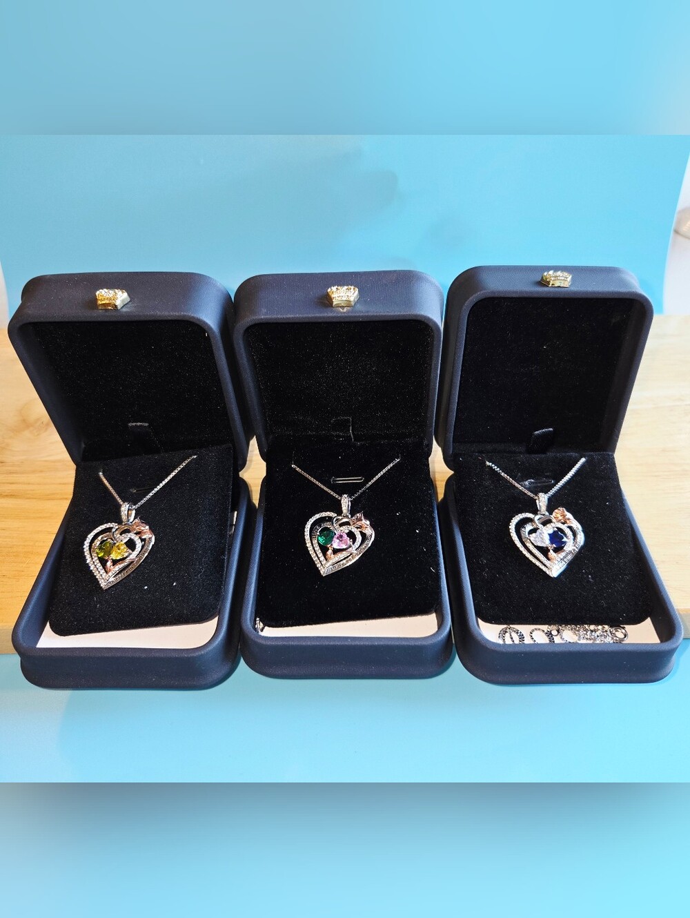 Heart Pendant Necklace Lot of 3 Crystal Gemstone Silver Tone Gift Box